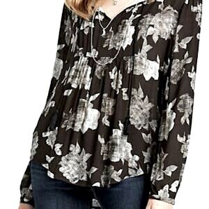 Lucky Brand Boho Pintuck Long sleeve Black & White Floral Tassel Tie Blouse